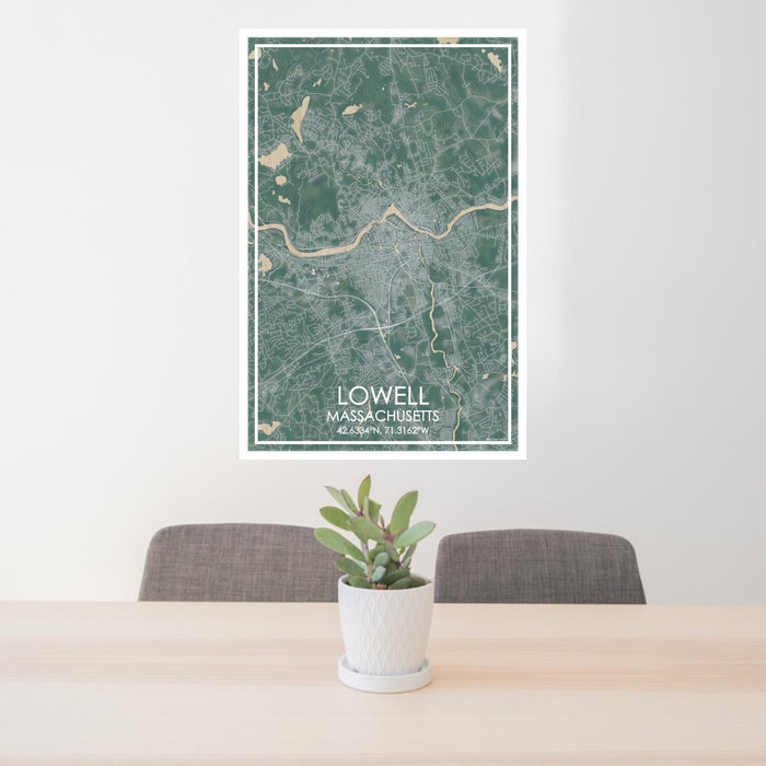 24x36 Lowell Massachusetts Map Print Portrait Orientation in Afternoon Style Behind 2 Chairs Table and Potted Plant