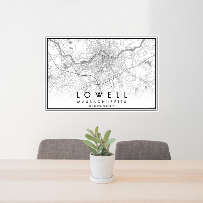 24x36 Lowell Massachusetts Map Print Lanscape Orientation in Classic Style Behind 2 Chairs Table and Potted Plant