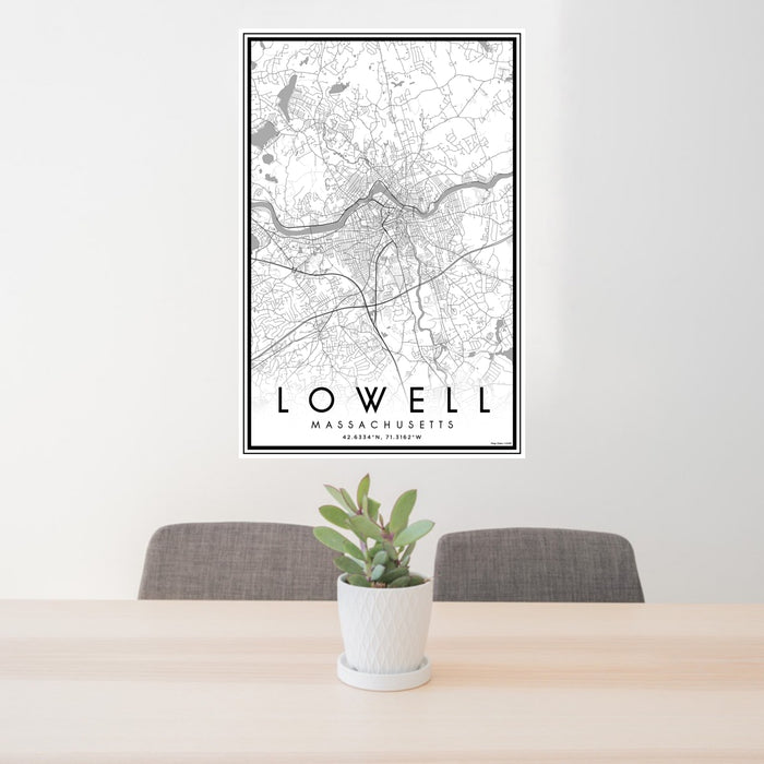 24x36 Lowell Massachusetts Map Print Portrait Orientation in Classic Style Behind 2 Chairs Table and Potted Plant