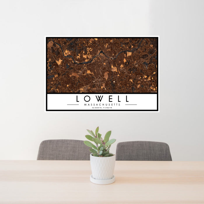 24x36 Lowell Massachusetts Map Print Lanscape Orientation in Ember Style Behind 2 Chairs Table and Potted Plant