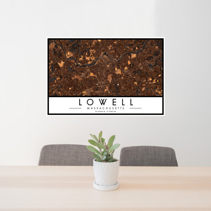 24x36 Lowell Massachusetts Map Print Lanscape Orientation in Ember Style Behind 2 Chairs Table and Potted Plant