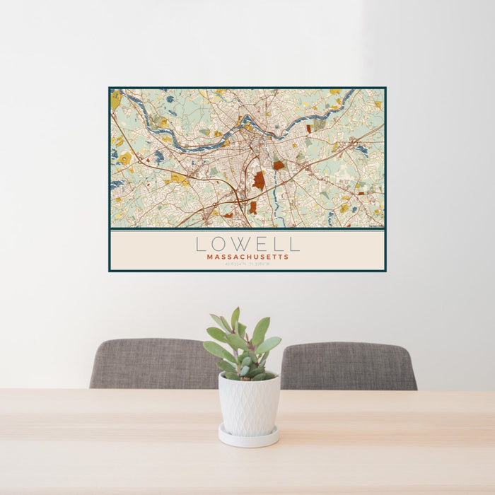 24x36 Lowell Massachusetts Map Print Lanscape Orientation in Woodblock Style Behind 2 Chairs Table and Potted Plant
