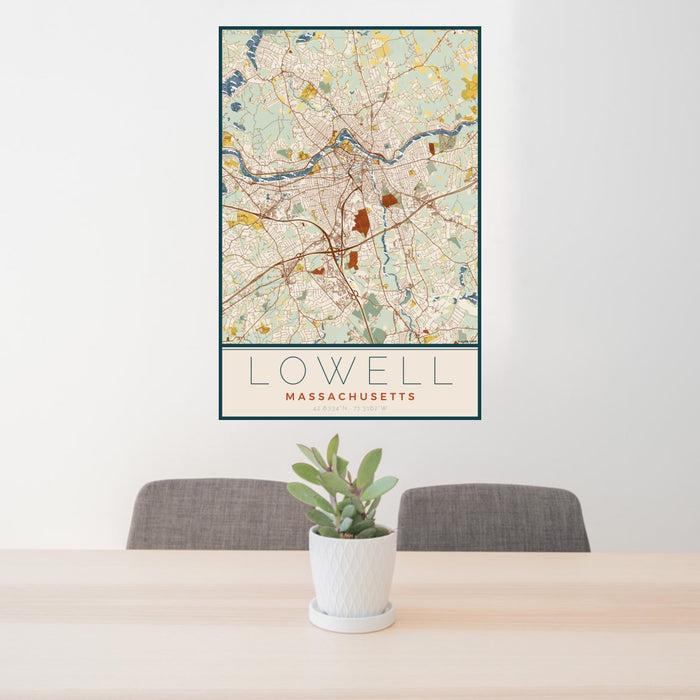 24x36 Lowell Massachusetts Map Print Portrait Orientation in Woodblock Style Behind 2 Chairs Table and Potted Plant