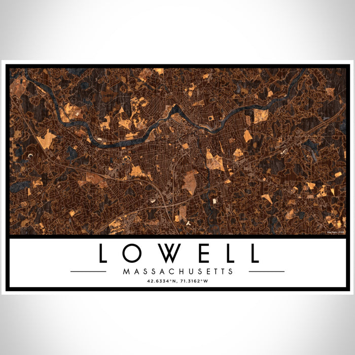 Lowell Massachusetts Map Print Landscape Orientation in Ember Style With Shaded Background
