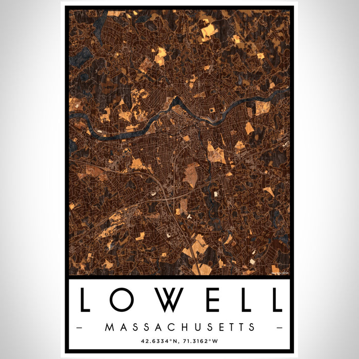 Lowell Massachusetts Map Print Portrait Orientation in Ember Style With Shaded Background
