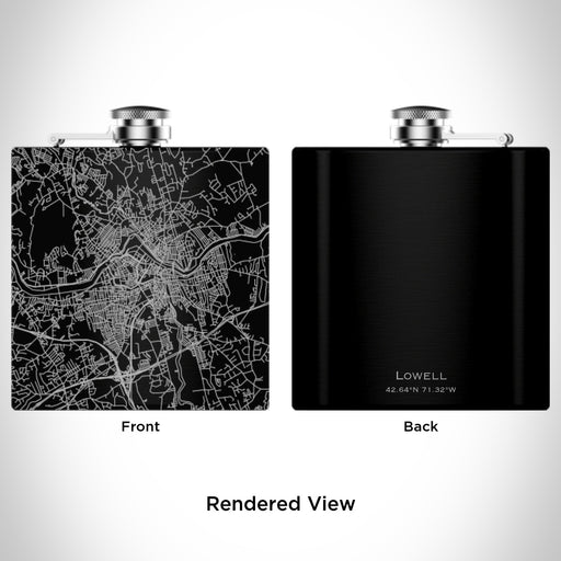 Rendered View of Lowell Massachusetts Map Engraving on 6oz Stainless Steel Flask in Black