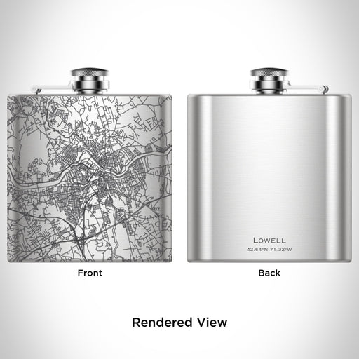 Rendered View of Lowell Massachusetts Map Engraving on 6oz Stainless Steel Flask