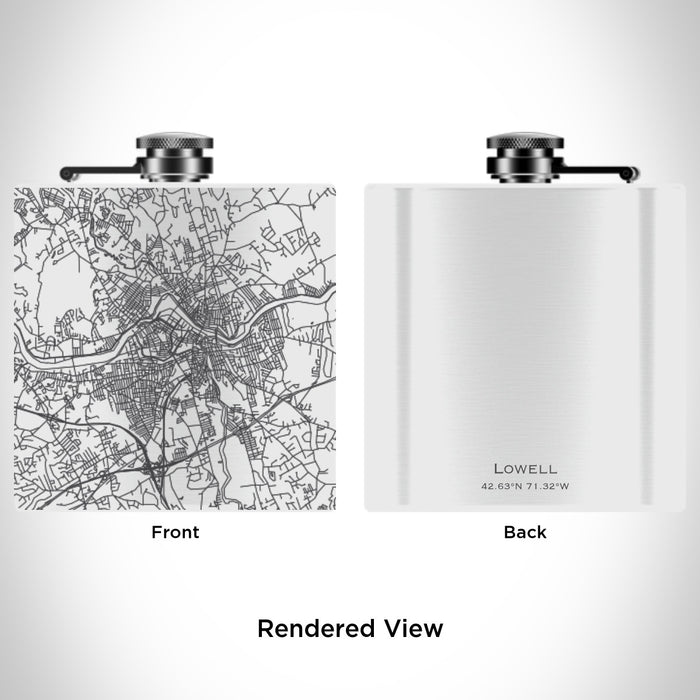 Rendered View of Lowell Massachusetts Map Engraving on 6oz Stainless Steel Flask in White
