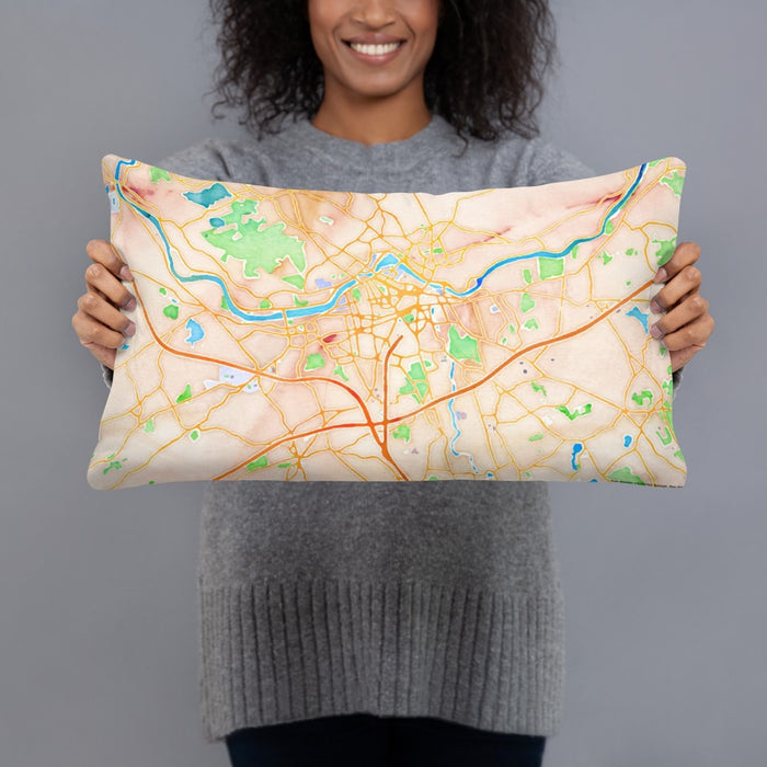 Person holding 20x12 Custom Lowell Massachusetts Map Throw Pillow in Watercolor