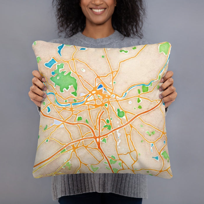 Person holding 18x18 Custom Lowell Massachusetts Map Throw Pillow in Watercolor