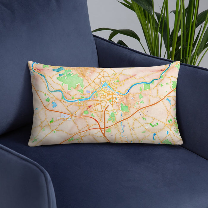 Custom Lowell Massachusetts Map Throw Pillow in Watercolor on Blue Colored Chair
