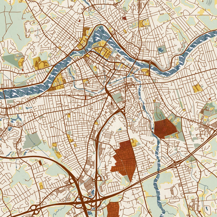 Lowell Massachusetts Map Print in Woodblock Style Zoomed In Close Up Showing Details