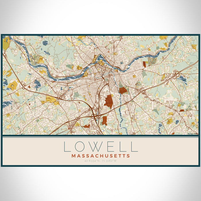 Lowell Massachusetts Map Print Landscape Orientation in Woodblock Style With Shaded Background