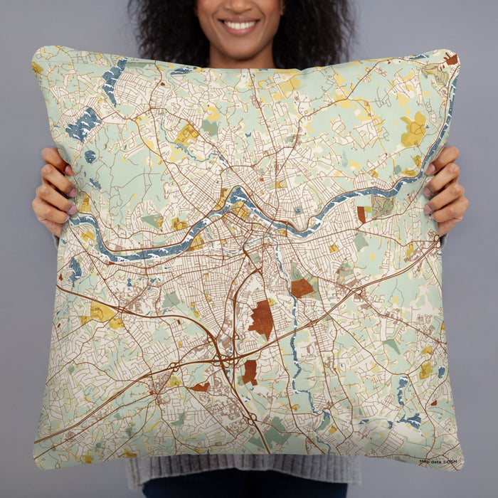 Person holding 22x22 Custom Lowell Massachusetts Map Throw Pillow in Woodblock