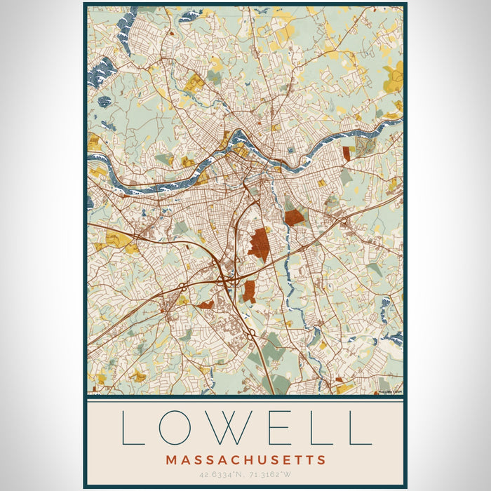 Lowell Massachusetts Map Print Portrait Orientation in Woodblock Style With Shaded Background