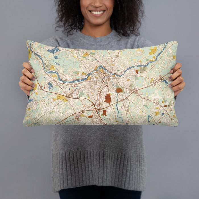 Person holding 20x12 Custom Lowell Massachusetts Map Throw Pillow in Woodblock