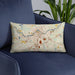 Custom Lowell Massachusetts Map Throw Pillow in Woodblock on Blue Colored Chair
