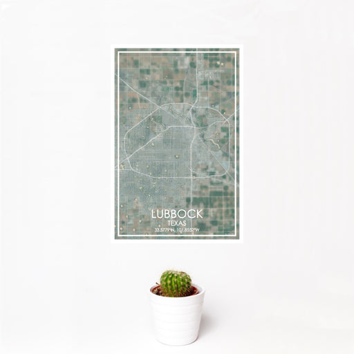 12x18 Lubbock Texas Map Print Portrait Orientation in Afternoon Style With Small Cactus Plant in White Planter