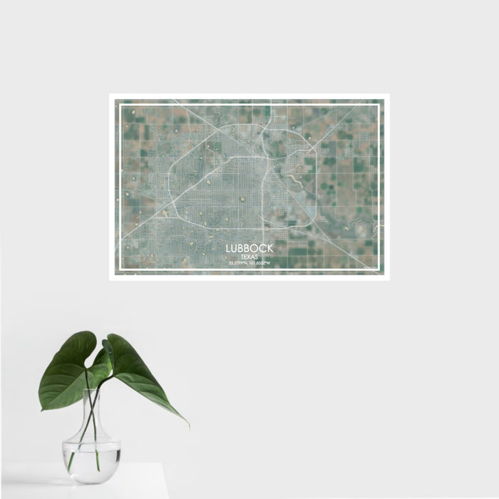 16x24 Lubbock Texas Map Print Landscape Orientation in Afternoon Style With Tropical Plant Leaves in Water