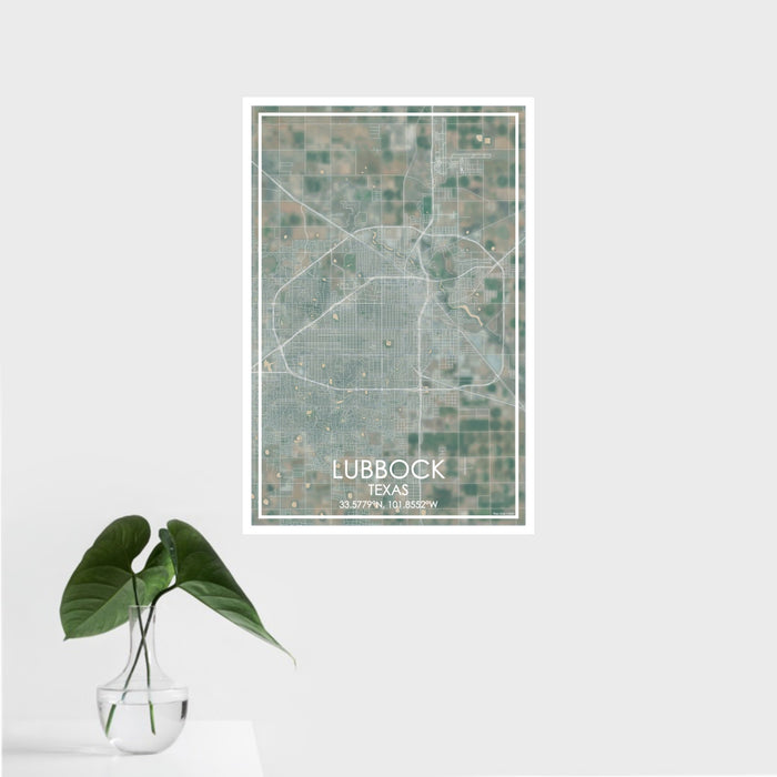 16x24 Lubbock Texas Map Print Portrait Orientation in Afternoon Style With Tropical Plant Leaves in Water