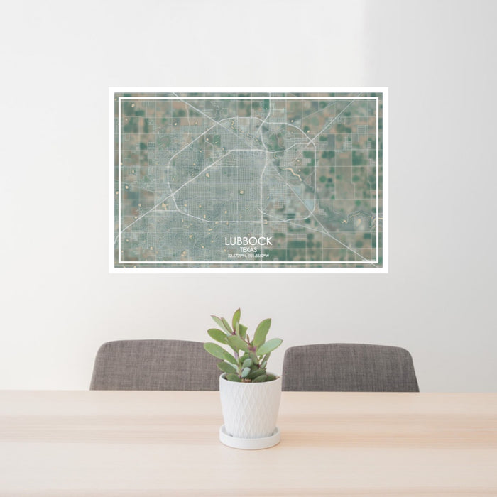 24x36 Lubbock Texas Map Print Lanscape Orientation in Afternoon Style Behind 2 Chairs Table and Potted Plant