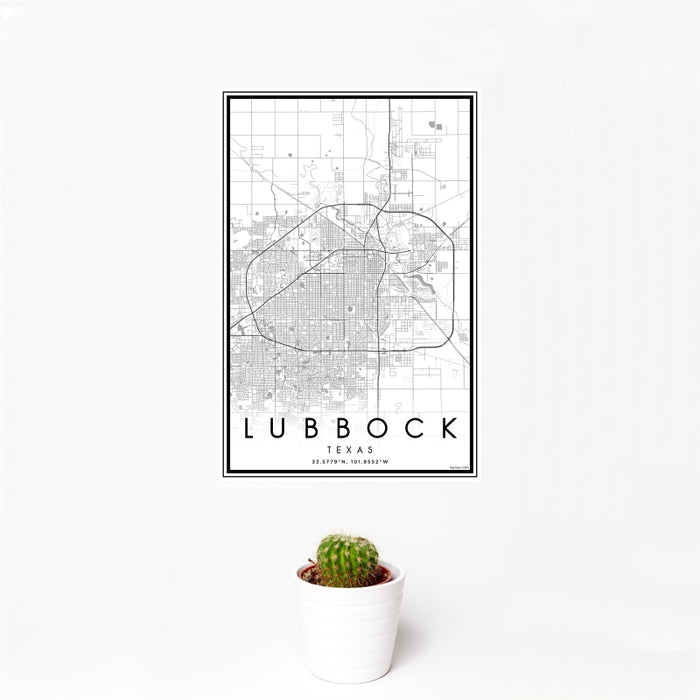 12x18 Lubbock Texas Map Print Portrait Orientation in Classic Style With Small Cactus Plant in White Planter