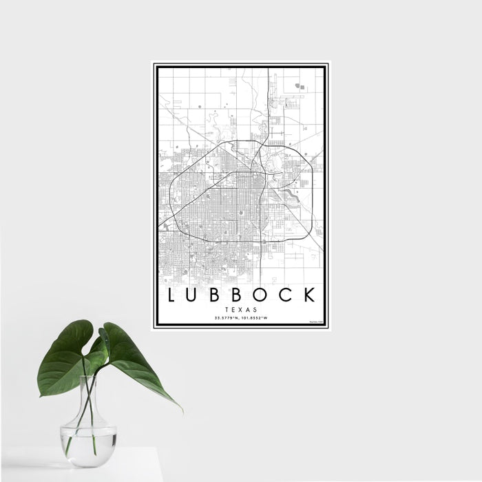 16x24 Lubbock Texas Map Print Portrait Orientation in Classic Style With Tropical Plant Leaves in Water