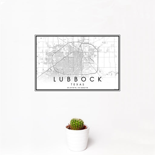 12x18 Lubbock Texas Map Print Landscape Orientation in Classic Style With Small Cactus Plant in White Planter