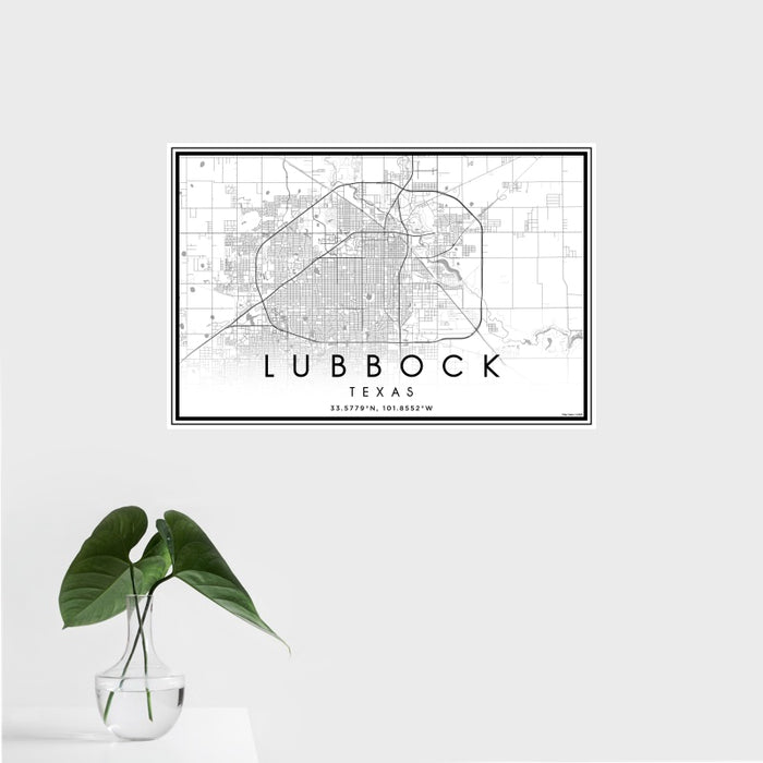 16x24 Lubbock Texas Map Print Landscape Orientation in Classic Style With Tropical Plant Leaves in Water