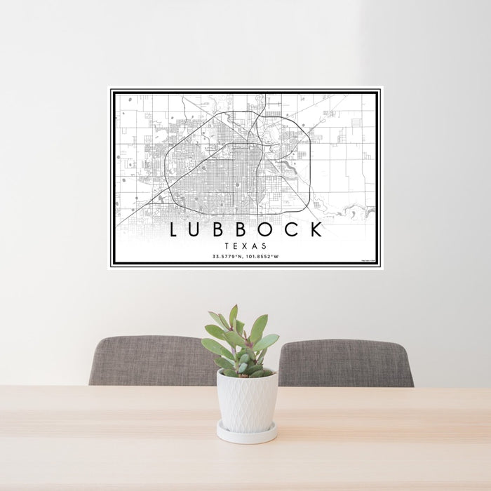 24x36 Lubbock Texas Map Print Landscape Orientation in Classic Style Behind 2 Chairs Table and Potted Plant