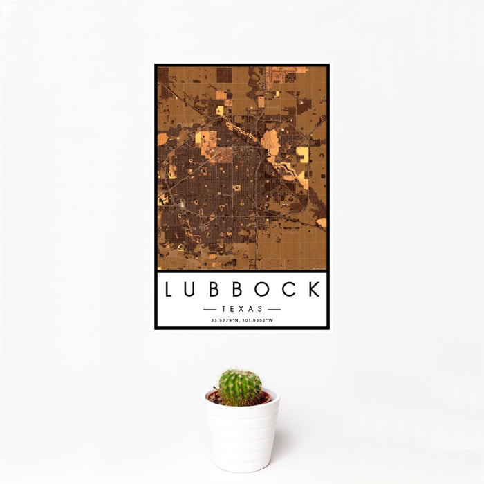 12x18 Lubbock Texas Map Print Portrait Orientation in Ember Style With Small Cactus Plant in White Planter