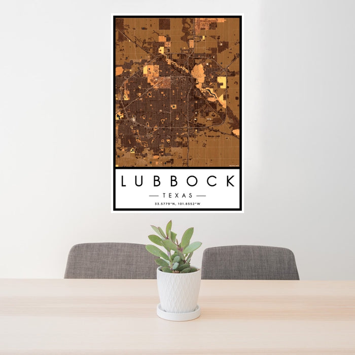 24x36 Lubbock Texas Map Print Portrait Orientation in Ember Style Behind 2 Chairs Table and Potted Plant