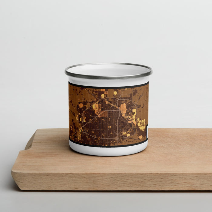 Front View Custom Lubbock Texas Map Enamel Mug in Ember on Cutting Board