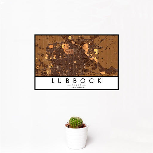 12x18 Lubbock Texas Map Print Landscape Orientation in Ember Style With Small Cactus Plant in White Planter