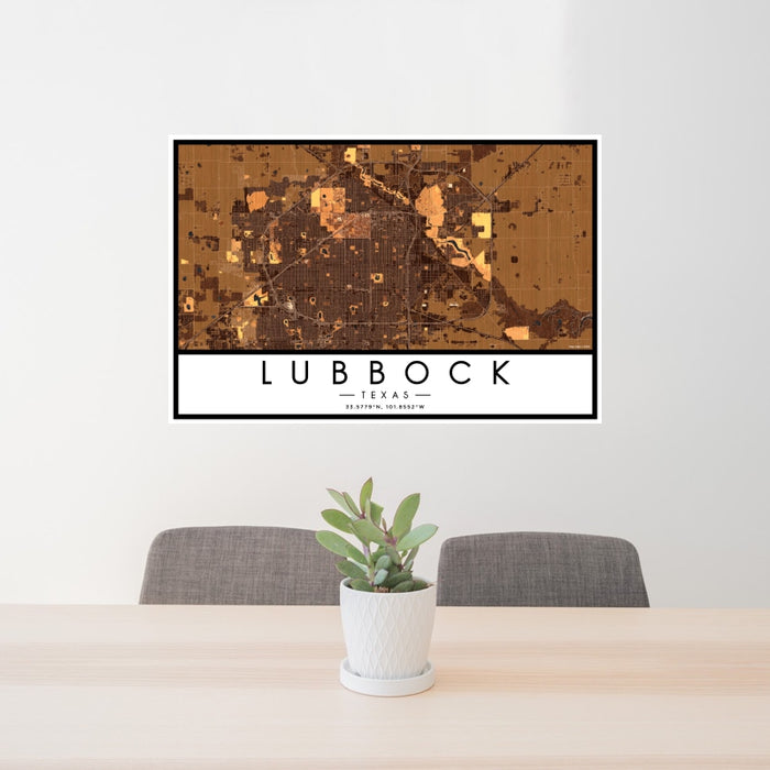 24x36 Lubbock Texas Map Print Landscape Orientation in Ember Style Behind 2 Chairs Table and Potted Plant