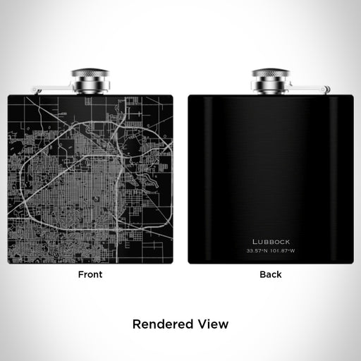 Rendered View of Lubbock Texas Map Engraving on 6oz Stainless Steel Flask in Black