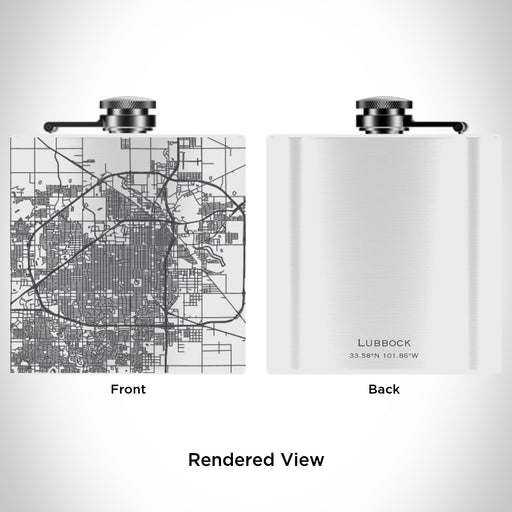 Rendered View of Lubbock Texas Map Engraving on 6oz Stainless Steel Flask in White