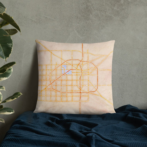 Custom Lubbock Texas Map Throw Pillow in Watercolor on Bedding Against Wall