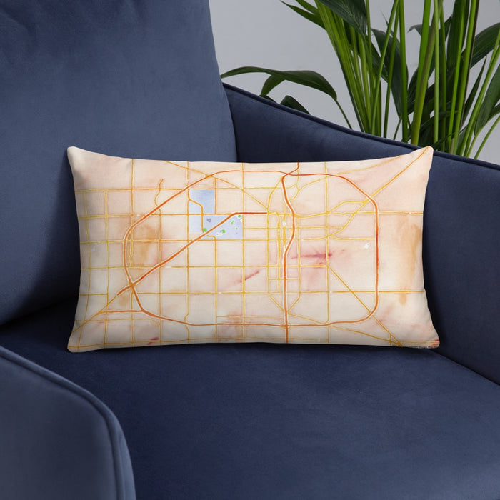 Custom Lubbock Texas Map Throw Pillow in Watercolor on Blue Colored Chair