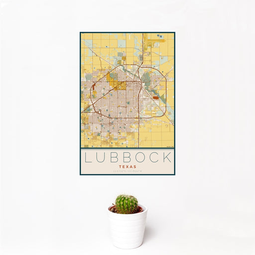 12x18 Lubbock Texas Map Print Portrait Orientation in Woodblock Style With Small Cactus Plant in White Planter