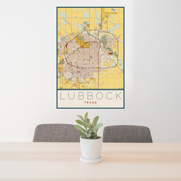 24x36 Lubbock Texas Map Print Portrait Orientation in Woodblock Style Behind 2 Chairs Table and Potted Plant
