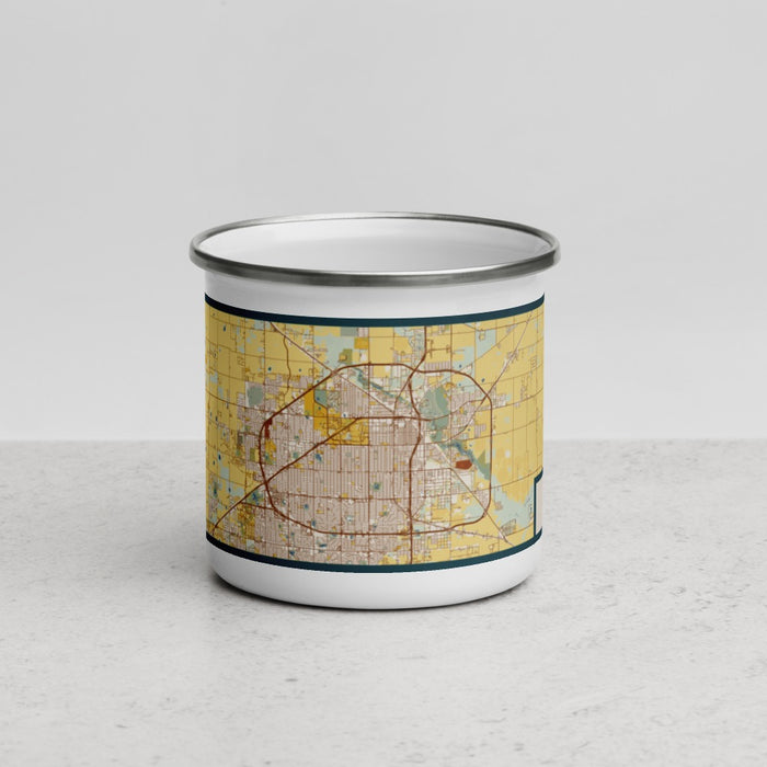 Front View Custom Lubbock Texas Map Enamel Mug in Woodblock