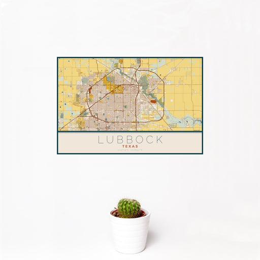 12x18 Lubbock Texas Map Print Landscape Orientation in Woodblock Style With Small Cactus Plant in White Planter