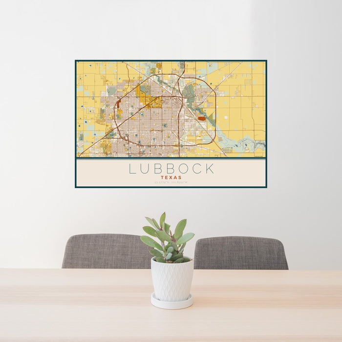 24x36 Lubbock Texas Map Print Landscape Orientation in Woodblock Style Behind 2 Chairs Table and Potted Plant