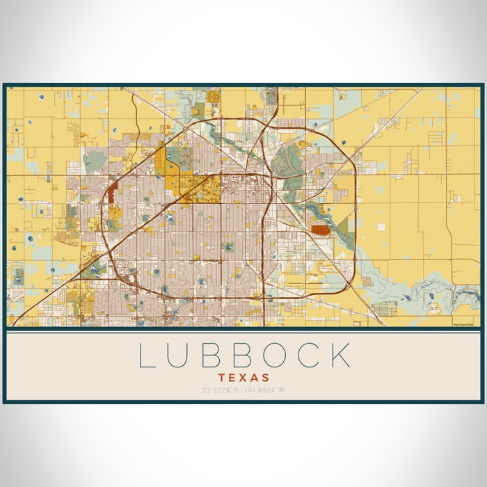 Lubbock Texas Map Print Landscape Orientation in Woodblock Style With Shaded Background