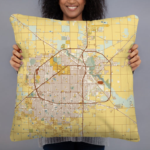 Person holding 22x22 Custom Lubbock Texas Map Throw Pillow in Woodblock