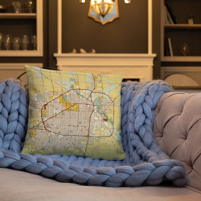 Custom Lubbock Texas Map Throw Pillow in Woodblock on Cream Colored Couch