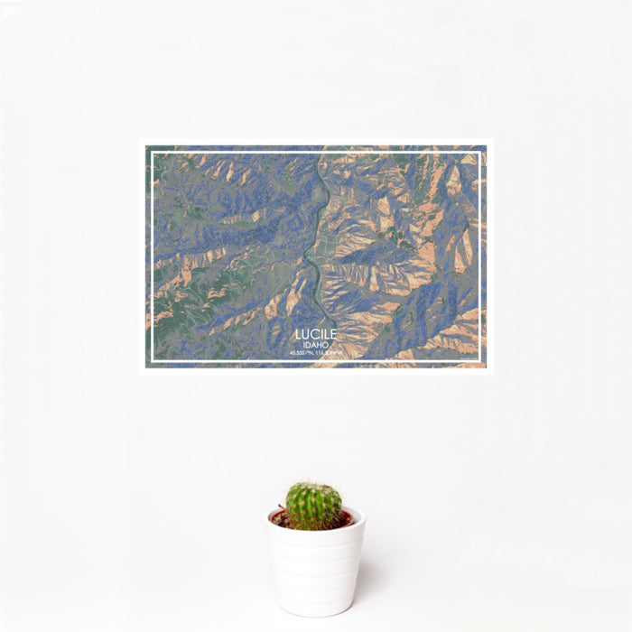 12x18 Lucile Idaho Map Print Landscape Orientation in Afternoon Style With Small Cactus Plant in White Planter