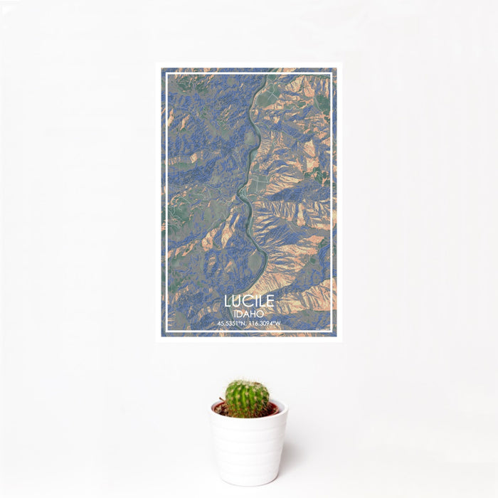 12x18 Lucile Idaho Map Print Portrait Orientation in Afternoon Style With Small Cactus Plant in White Planter