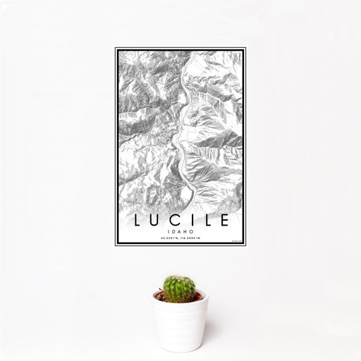 12x18 Lucile Idaho Map Print Portrait Orientation in Classic Style With Small Cactus Plant in White Planter